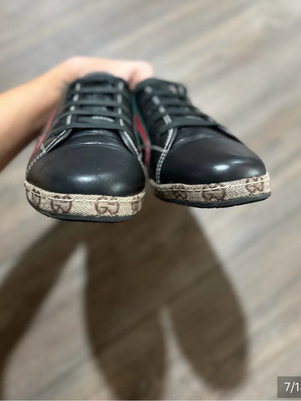 Gucci Black Leather Sneakers with Green and Red Web Stripe like new.